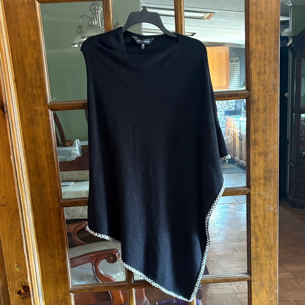 Ming Wang Black Shawl with White Pearls Trim